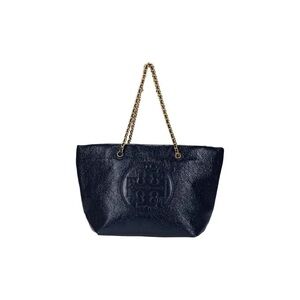Tory Burch Navy Textured Tote with Gold Chain